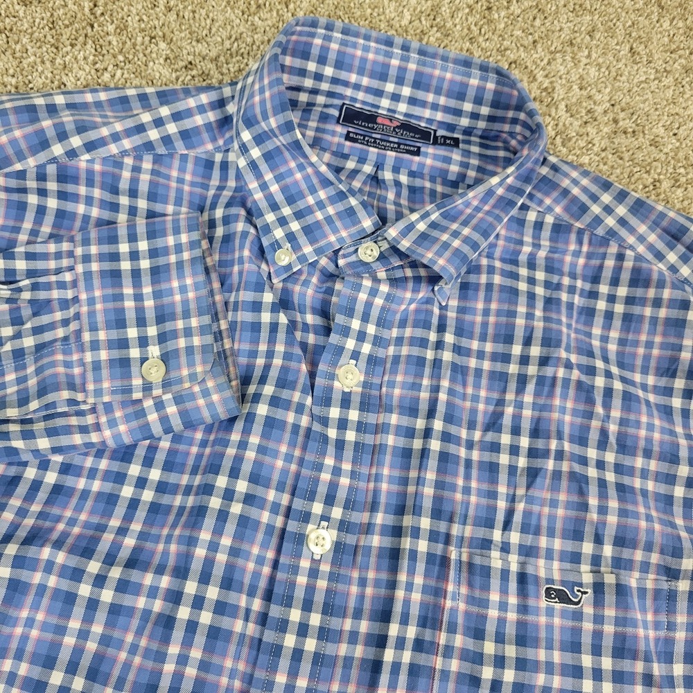 Vineyard Vines Slim Fit Tucker Shirt Mens XL Blue Red White Plaid Button Down LS